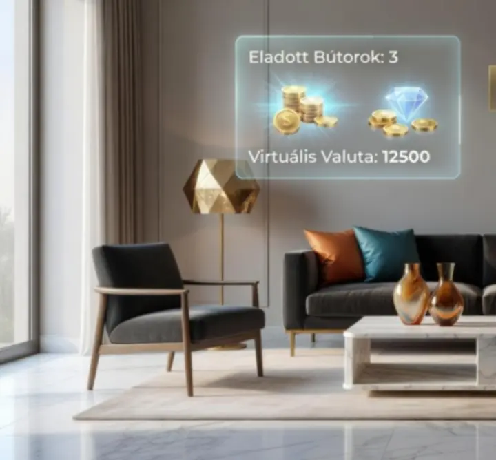 Kihívás teljesítése után megjelenő jutalomképernyő virtuális valutával és különleges bútorokkal