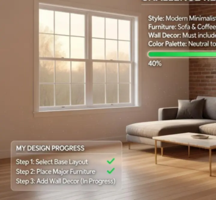 Példa egy Design Home belsőépítészeti kihívásra berendezett szobával