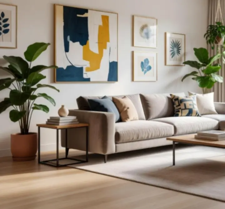 Modern nappali enteriőr Design Home stílusban, stílusos bútorokkal berendezve.